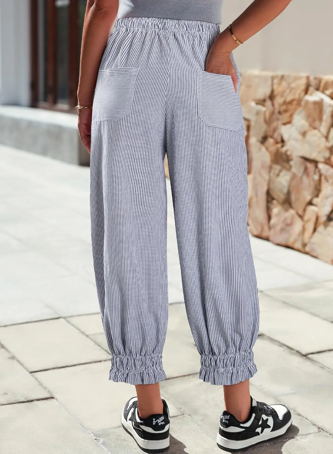 EVALESS Womens Pajama Pants Elastic Waist Lightweight Striped Pjs Lounge Cropped Pants with Pockets