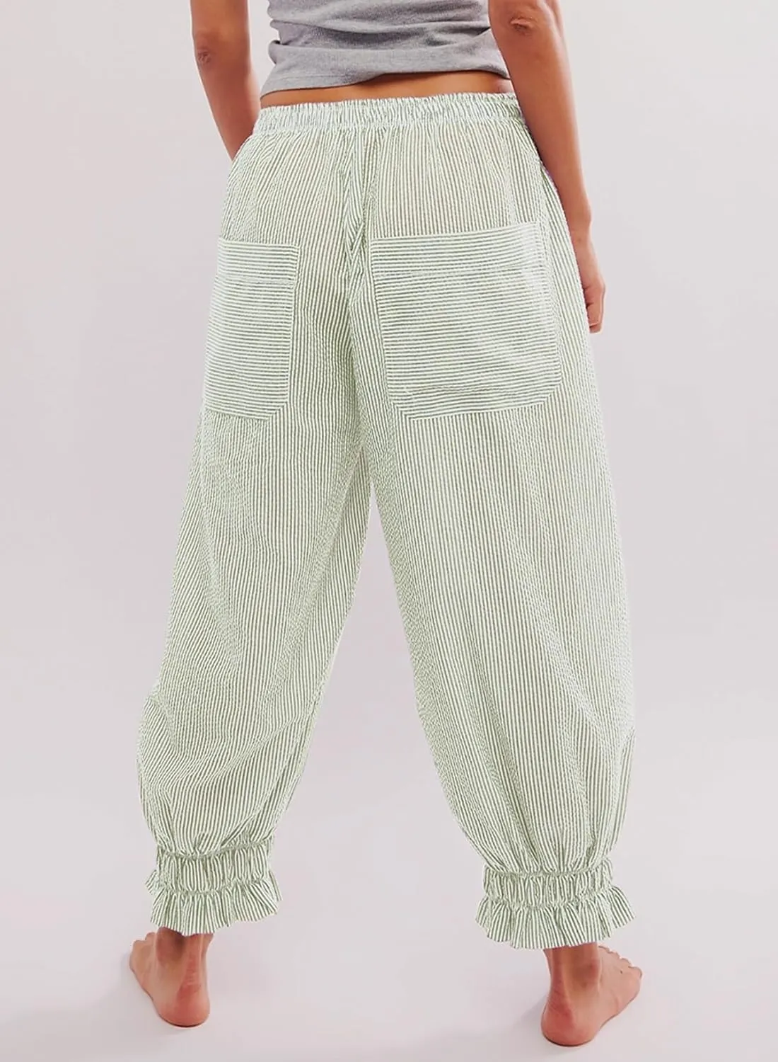 EVALESS Womens Pajama Pants Elastic Waist Lightweight Striped Pjs Lounge Cropped Pants with Pockets