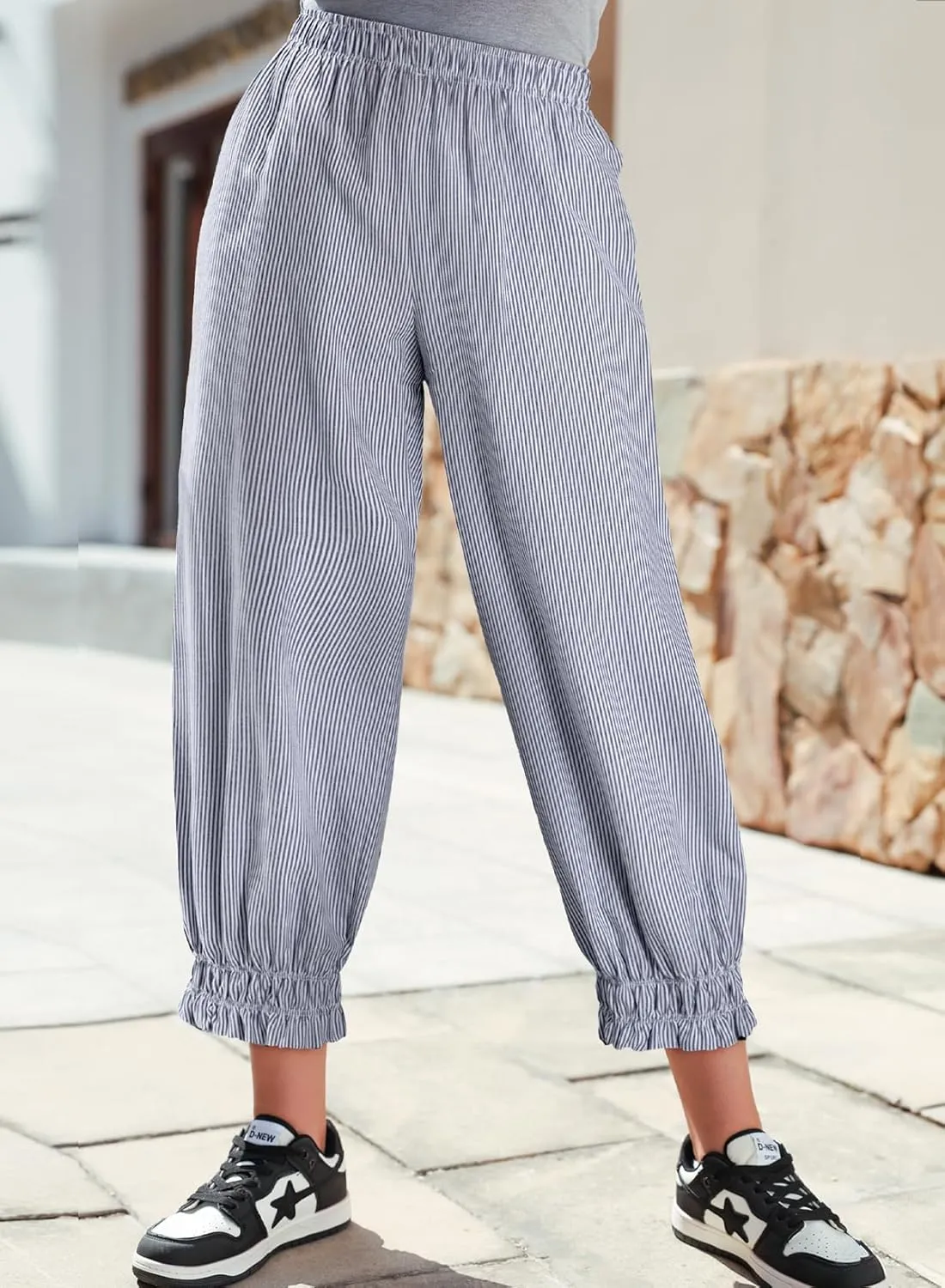 EVALESS Womens Pajama Pants Elastic Waist Lightweight Striped Pjs Lounge Cropped Pants with Pockets