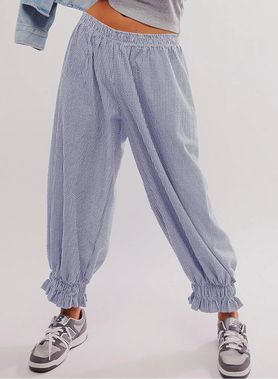 EVALESS Womens Pajama Pants Elastic Waist Lightweight Striped Pjs Lounge Cropped Pants with Pockets