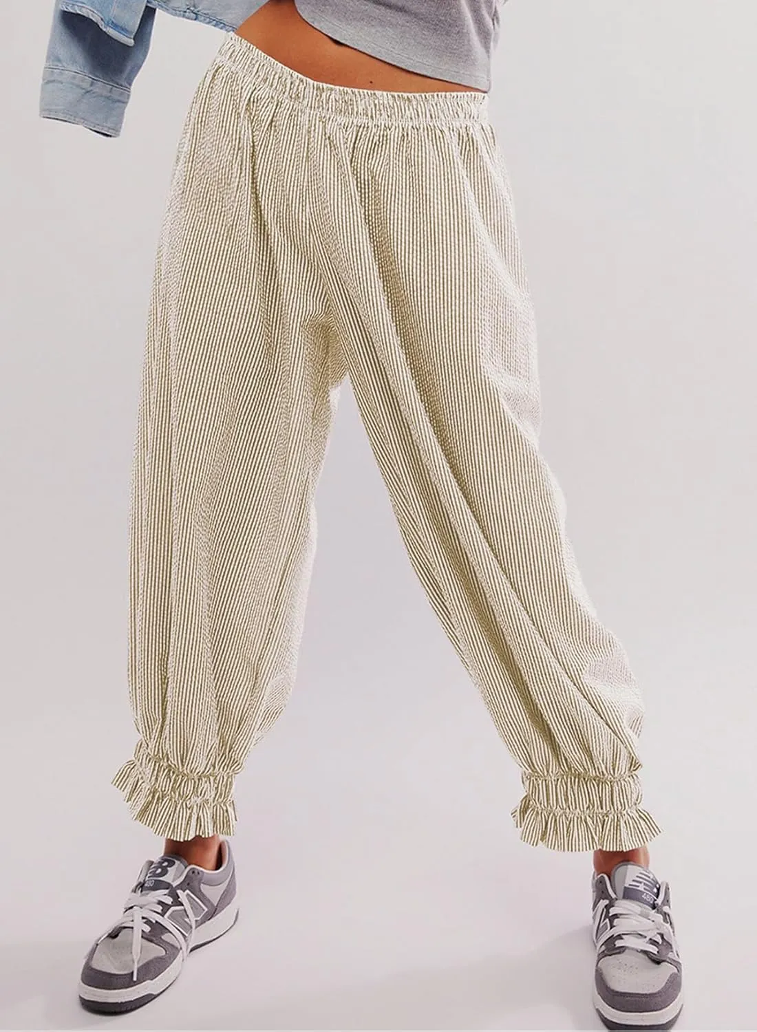 EVALESS Womens Pajama Pants Elastic Waist Lightweight Striped Pjs Lounge Cropped Pants with Pockets