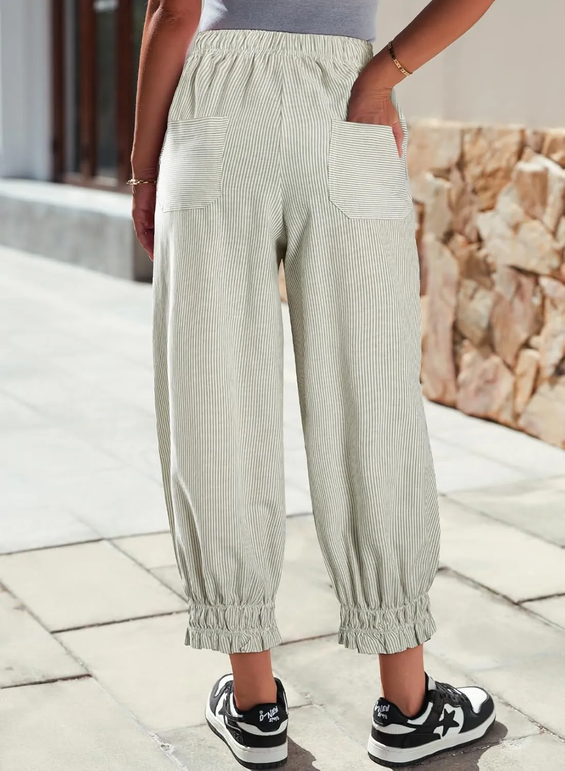 EVALESS Womens Pajama Pants Elastic Waist Lightweight Striped Pjs Lounge Cropped Pants with Pockets