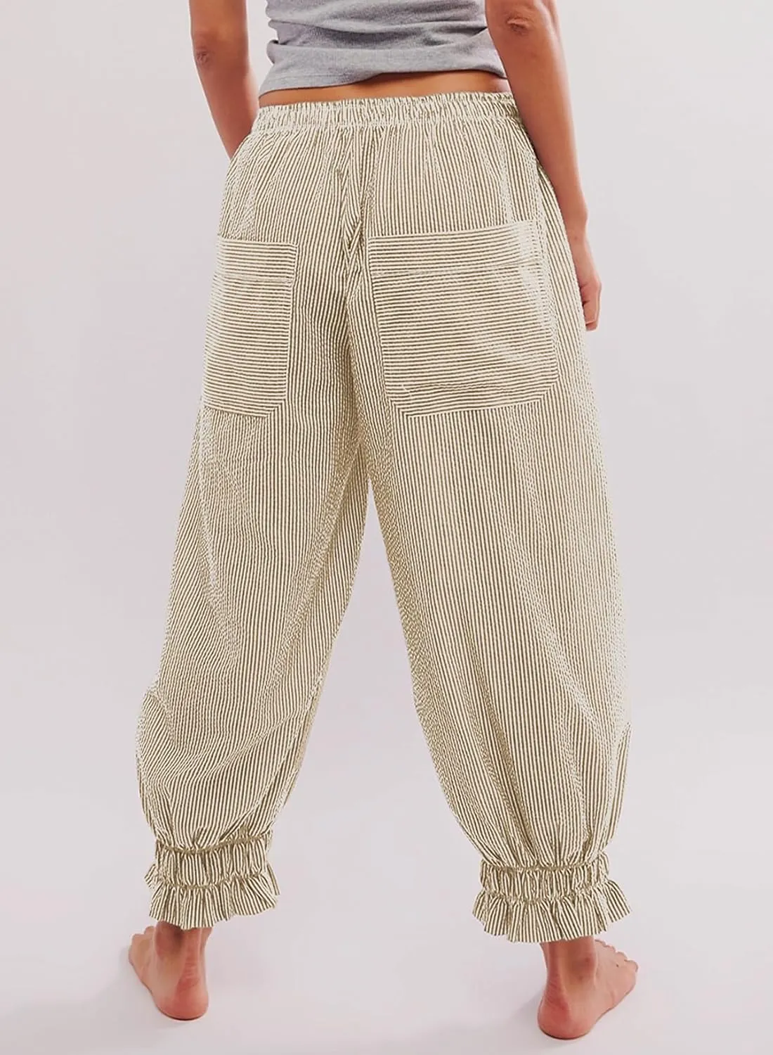 EVALESS Womens Pajama Pants Elastic Waist Lightweight Striped Pjs Lounge Cropped Pants with Pockets