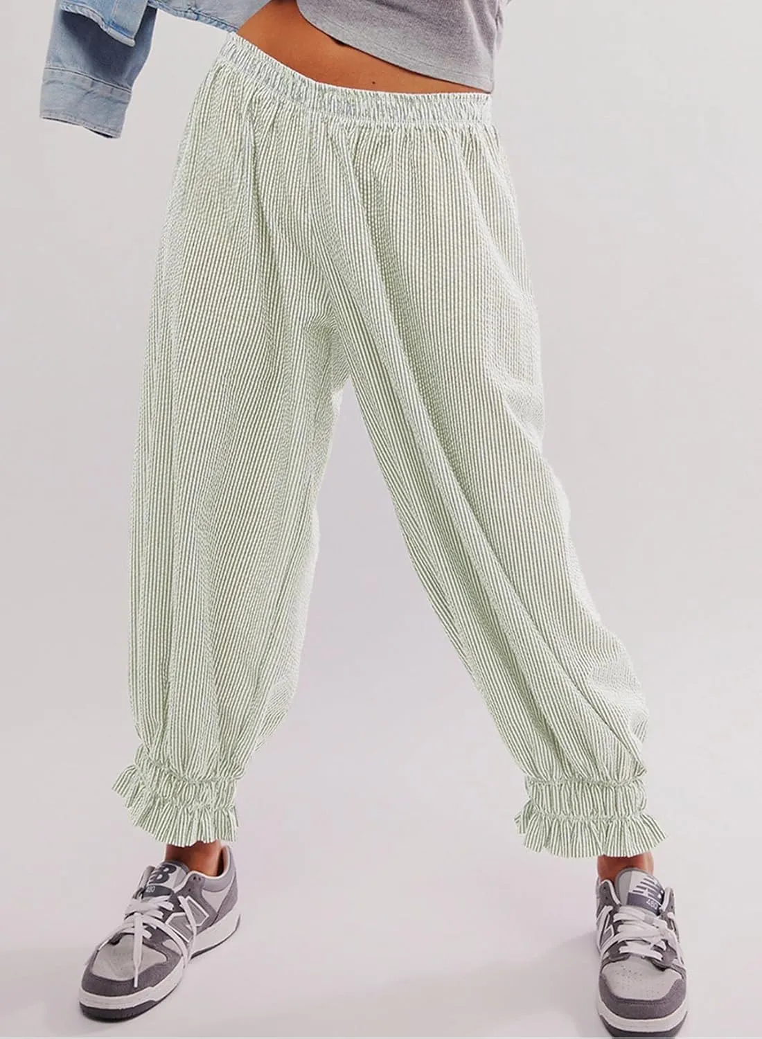 EVALESS Womens Pajama Pants Elastic Waist Lightweight Striped Pjs Lounge Cropped Pants with Pockets
