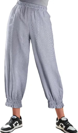 EVALESS Womens Pajama Pants Elastic Waist Lightweight Striped Pjs Lounge Cropped Pants with Pockets