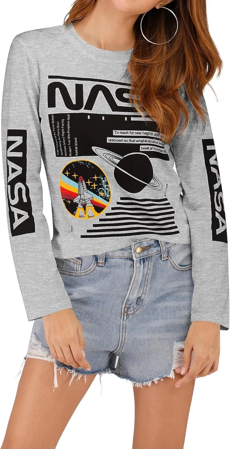 Ezcosplay Crew Neck Long Sleeve NASA T-Shirt Letter Printed Shirt Graphic Tee Tops for Women