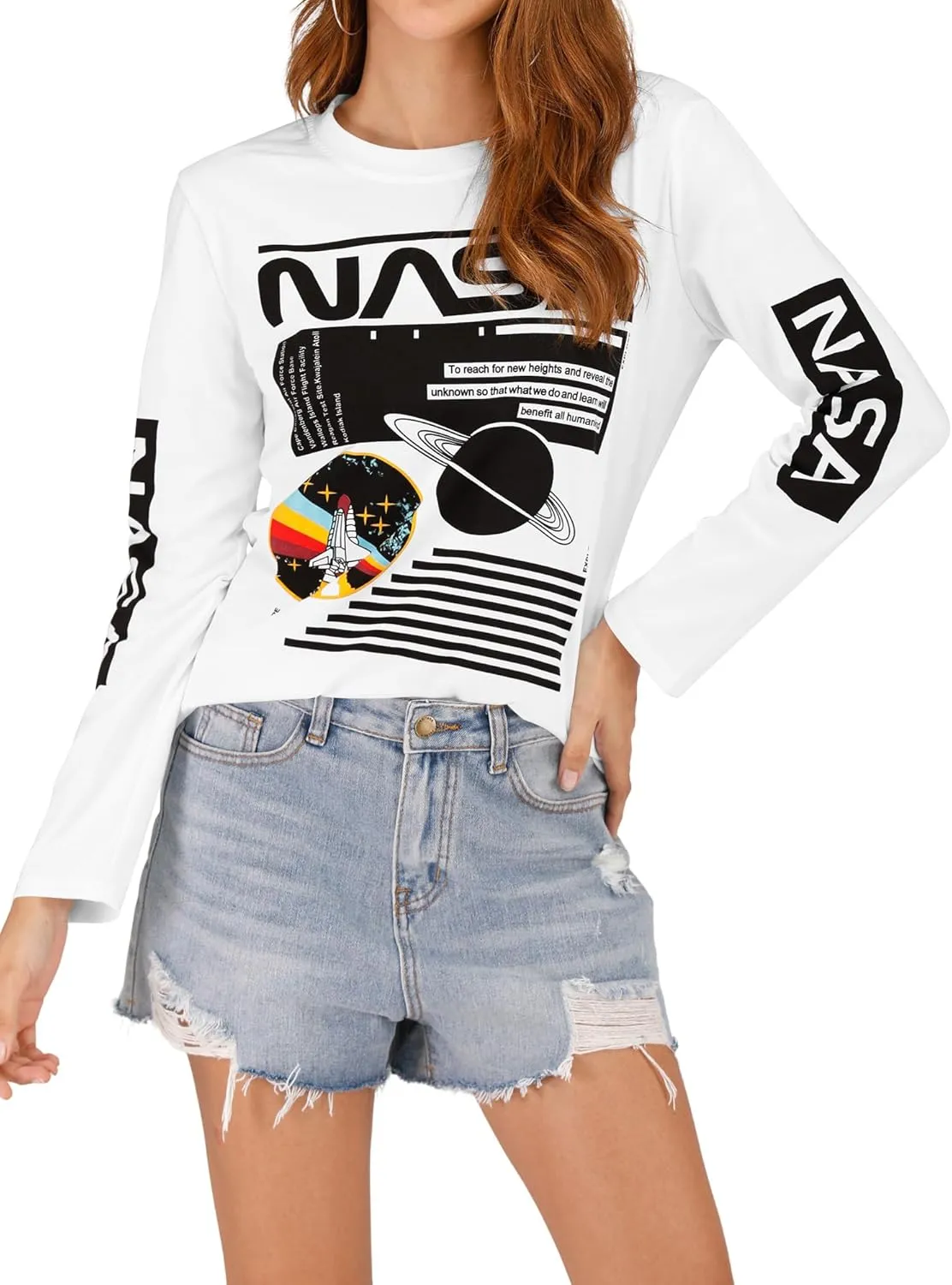 Ezcosplay Crew Neck Long Sleeve NASA T-Shirt Letter Printed Shirt Graphic Tee Tops for Women