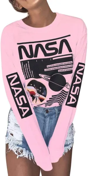 Ezcosplay Crew Neck Long Sleeve NASA T-Shirt Letter Printed Shirt Graphic Tee Tops for Women