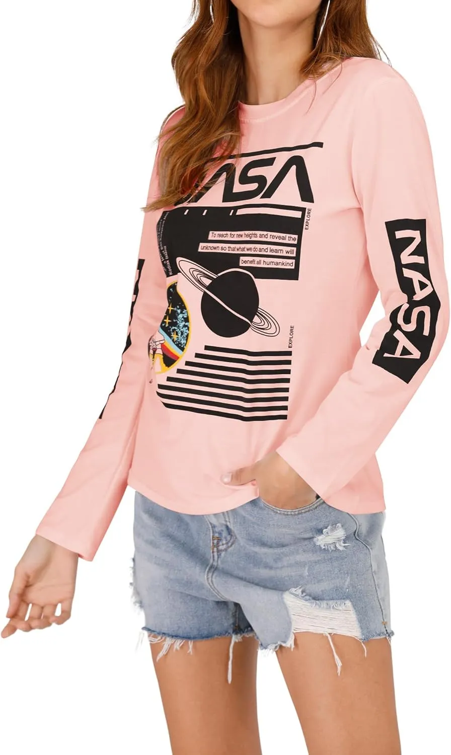 Ezcosplay Crew Neck Long Sleeve NASA T-Shirt Letter Printed Shirt Graphic Tee Tops for Women