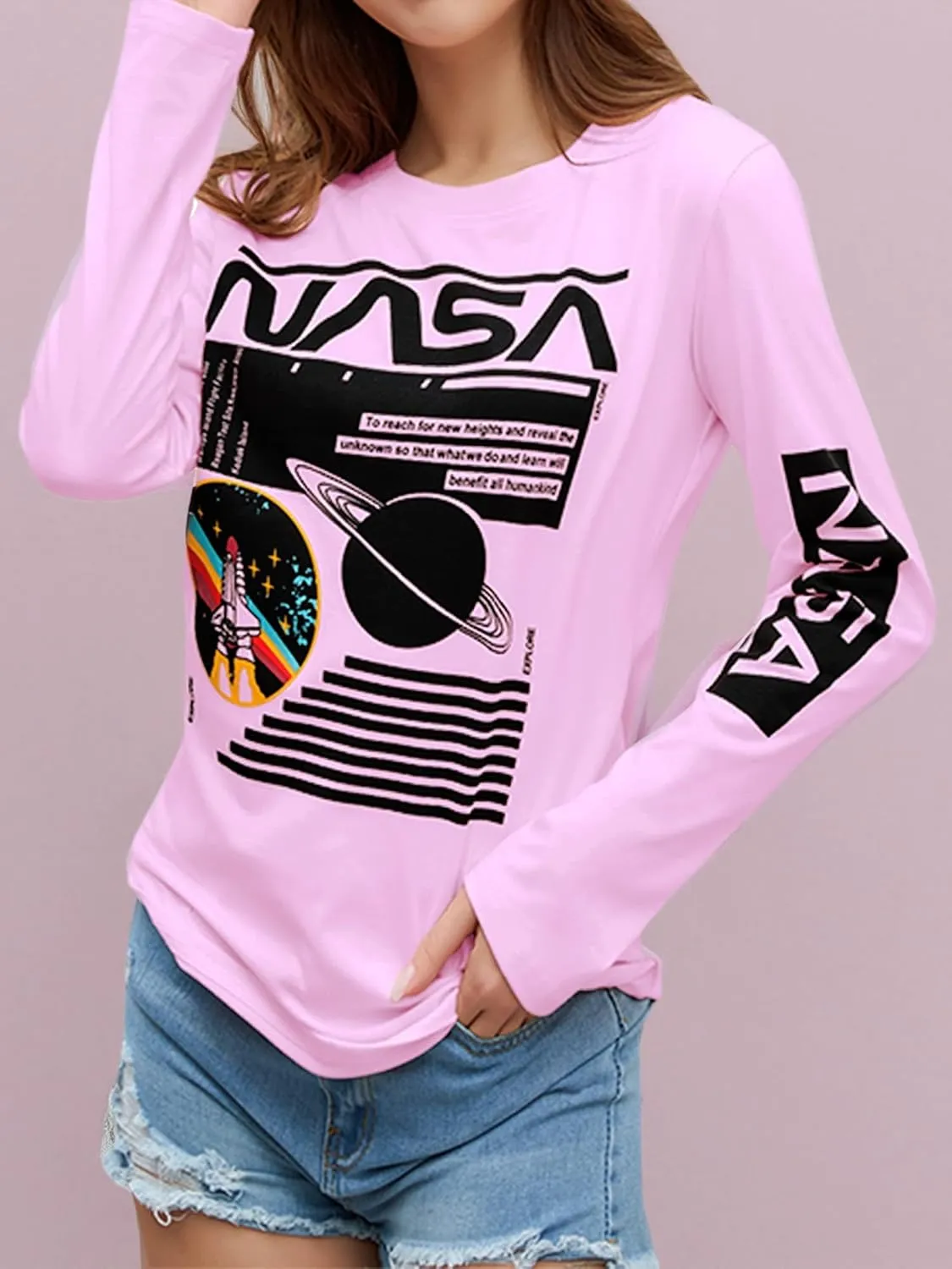 Ezcosplay Crew Neck Long Sleeve NASA T-Shirt Letter Printed Shirt Graphic Tee Tops for Women