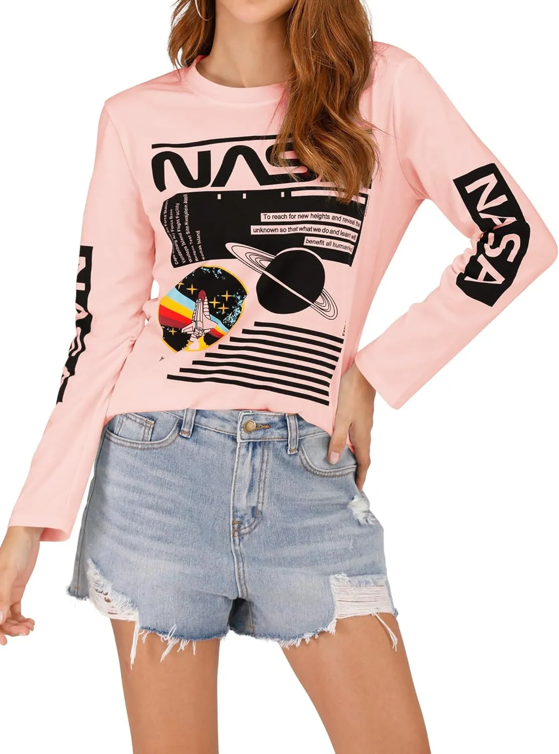 Ezcosplay Crew Neck Long Sleeve NASA T-Shirt Letter Printed Shirt Graphic Tee Tops for Women