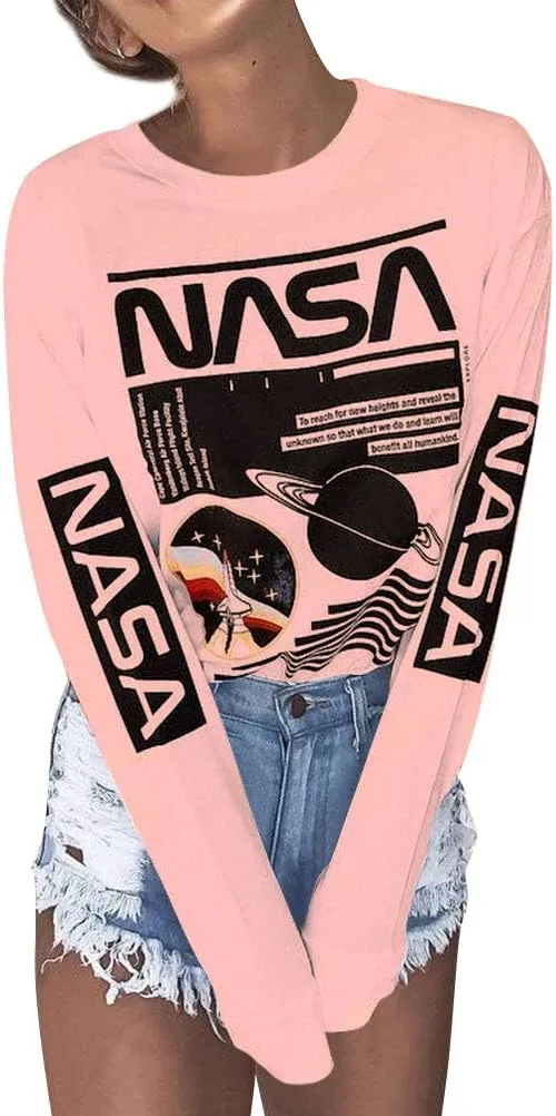 Ezcosplay Crew Neck Long Sleeve NASA T-Shirt Letter Printed Shirt Graphic Tee Tops for Women
