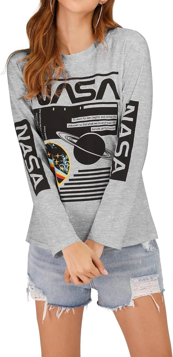 Ezcosplay Crew Neck Long Sleeve NASA T-Shirt Letter Printed Shirt Graphic Tee Tops for Women