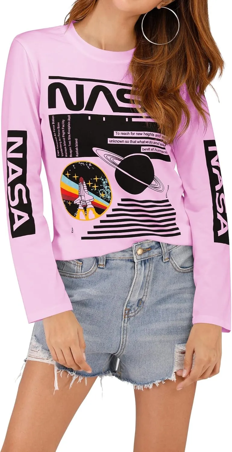 Ezcosplay Crew Neck Long Sleeve NASA T-Shirt Letter Printed Shirt Graphic Tee Tops for Women