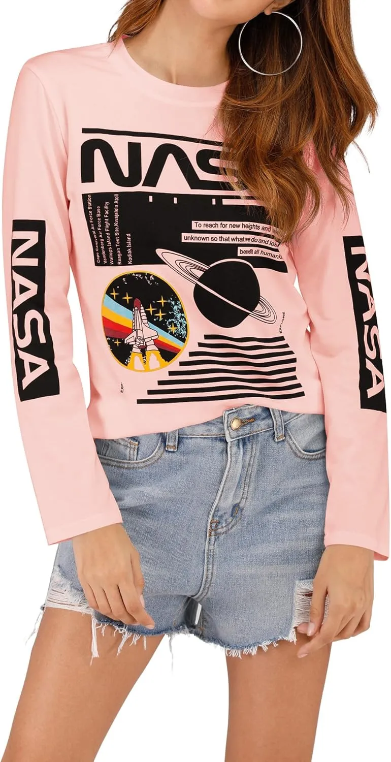 Ezcosplay Crew Neck Long Sleeve NASA T-Shirt Letter Printed Shirt Graphic Tee Tops for Women