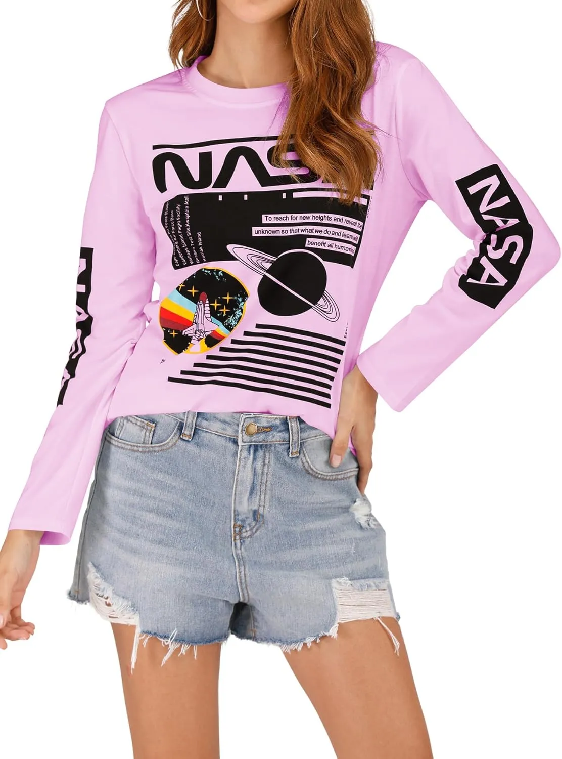 Ezcosplay Crew Neck Long Sleeve NASA T-Shirt Letter Printed Shirt Graphic Tee Tops for Women