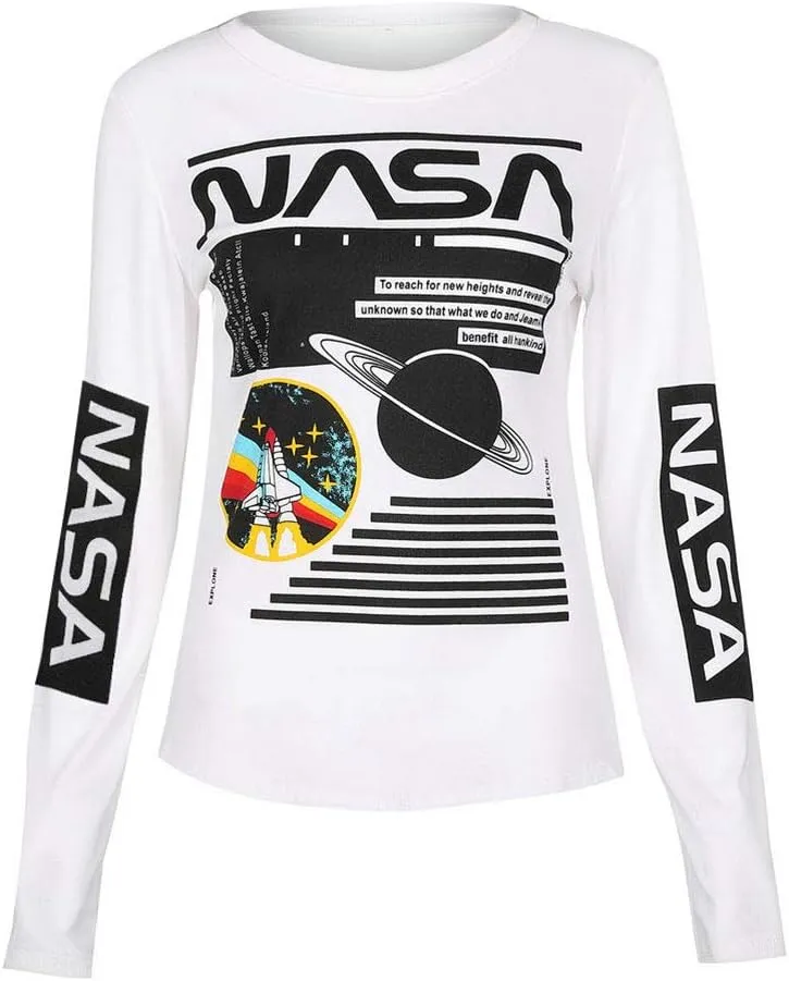 Ezcosplay Crew Neck Long Sleeve NASA T-Shirt Letter Printed Shirt Graphic Tee Tops for Women