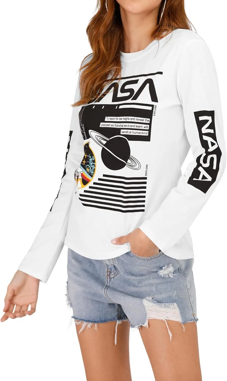 Ezcosplay Crew Neck Long Sleeve NASA T-Shirt Letter Printed Shirt Graphic Tee Tops for Women