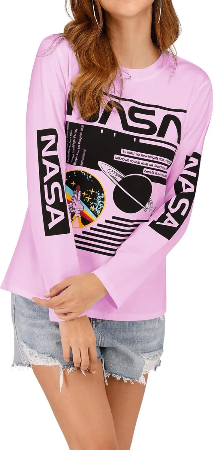Ezcosplay Crew Neck Long Sleeve NASA T-Shirt Letter Printed Shirt Graphic Tee Tops for Women