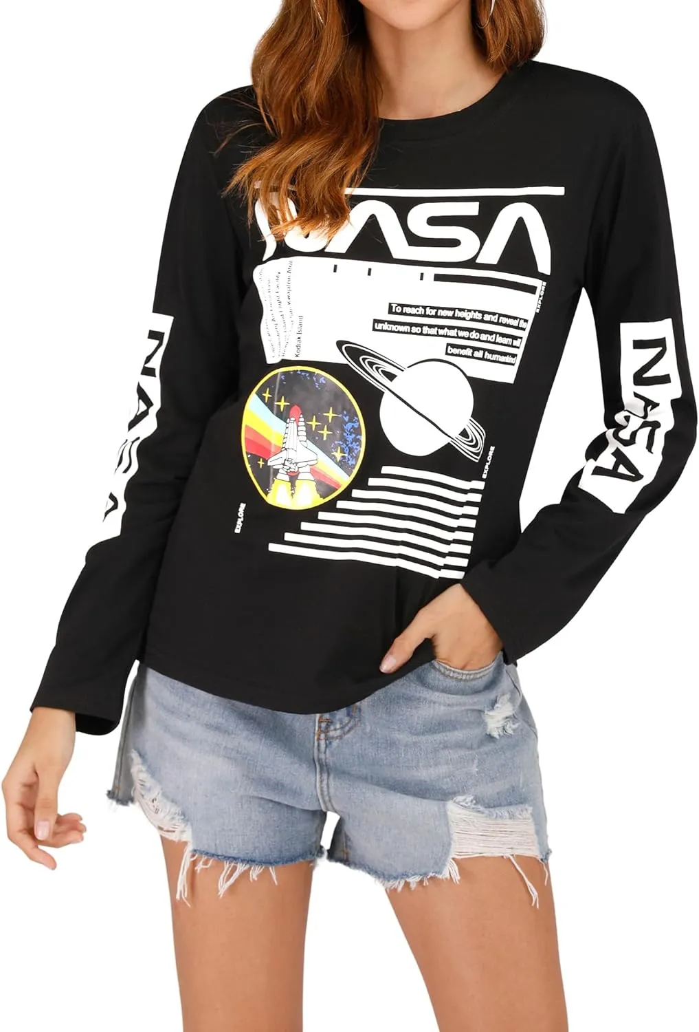 Ezcosplay Crew Neck Long Sleeve NASA T-Shirt Letter Printed Shirt Graphic Tee Tops for Women