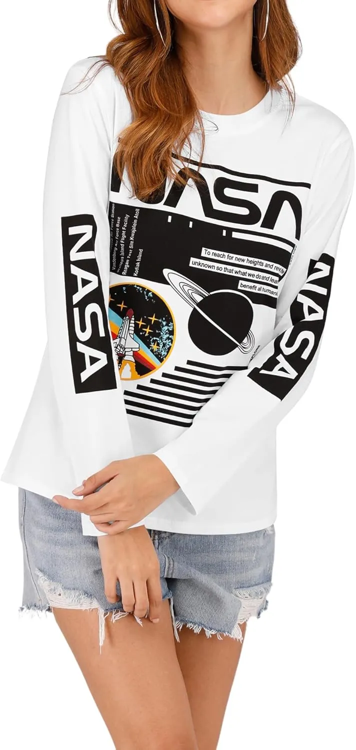 Ezcosplay Crew Neck Long Sleeve NASA T-Shirt Letter Printed Shirt Graphic Tee Tops for Women
