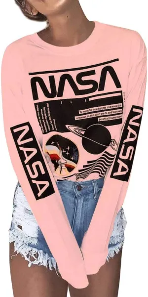 Ezcosplay Crew Neck Long Sleeve NASA T-Shirt Letter Printed Shirt Graphic Tee Tops for Women
