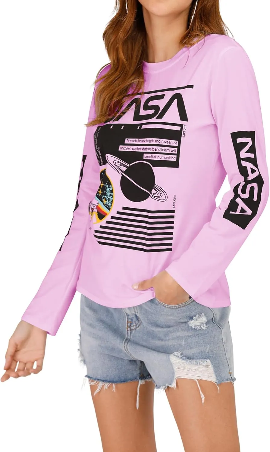 Ezcosplay Crew Neck Long Sleeve NASA T-Shirt Letter Printed Shirt Graphic Tee Tops for Women