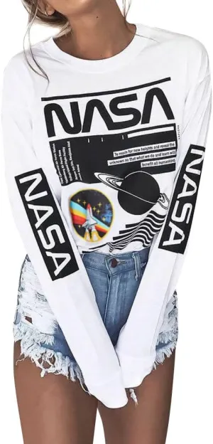 Ezcosplay Crew Neck Long Sleeve NASA T-Shirt Letter Printed Shirt Graphic Tee Tops for Women