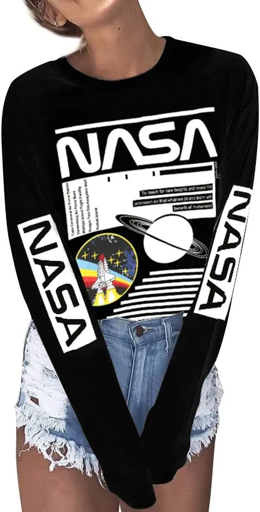 Ezcosplay Crew Neck Long Sleeve NASA T-Shirt Letter Printed Shirt Graphic Tee Tops for Women