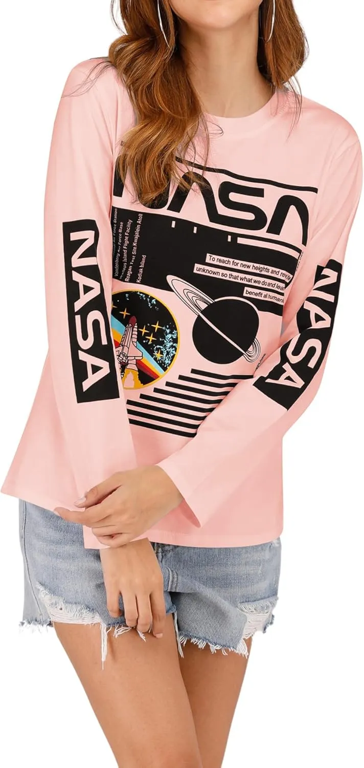 Ezcosplay Crew Neck Long Sleeve NASA T-Shirt Letter Printed Shirt Graphic Tee Tops for Women