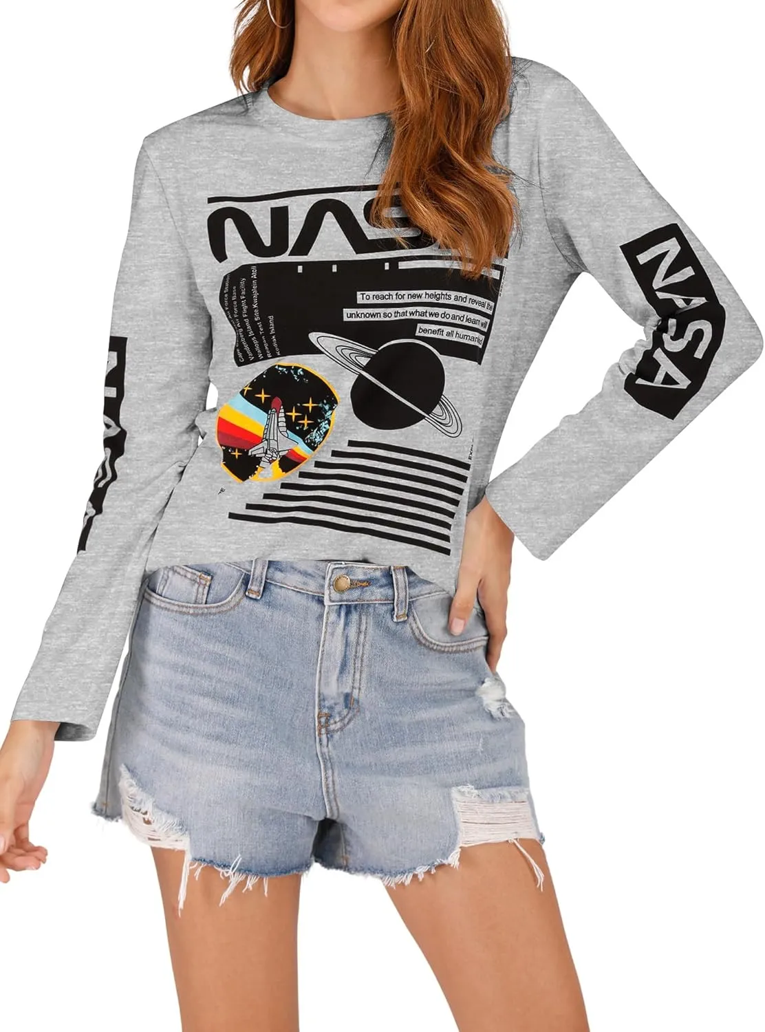 Ezcosplay Crew Neck Long Sleeve NASA T-Shirt Letter Printed Shirt Graphic Tee Tops for Women
