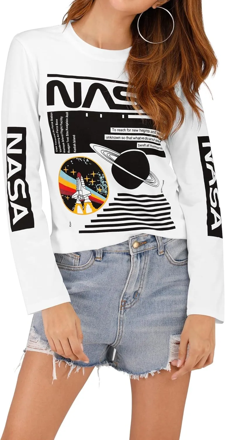 Ezcosplay Crew Neck Long Sleeve NASA T-Shirt Letter Printed Shirt Graphic Tee Tops for Women