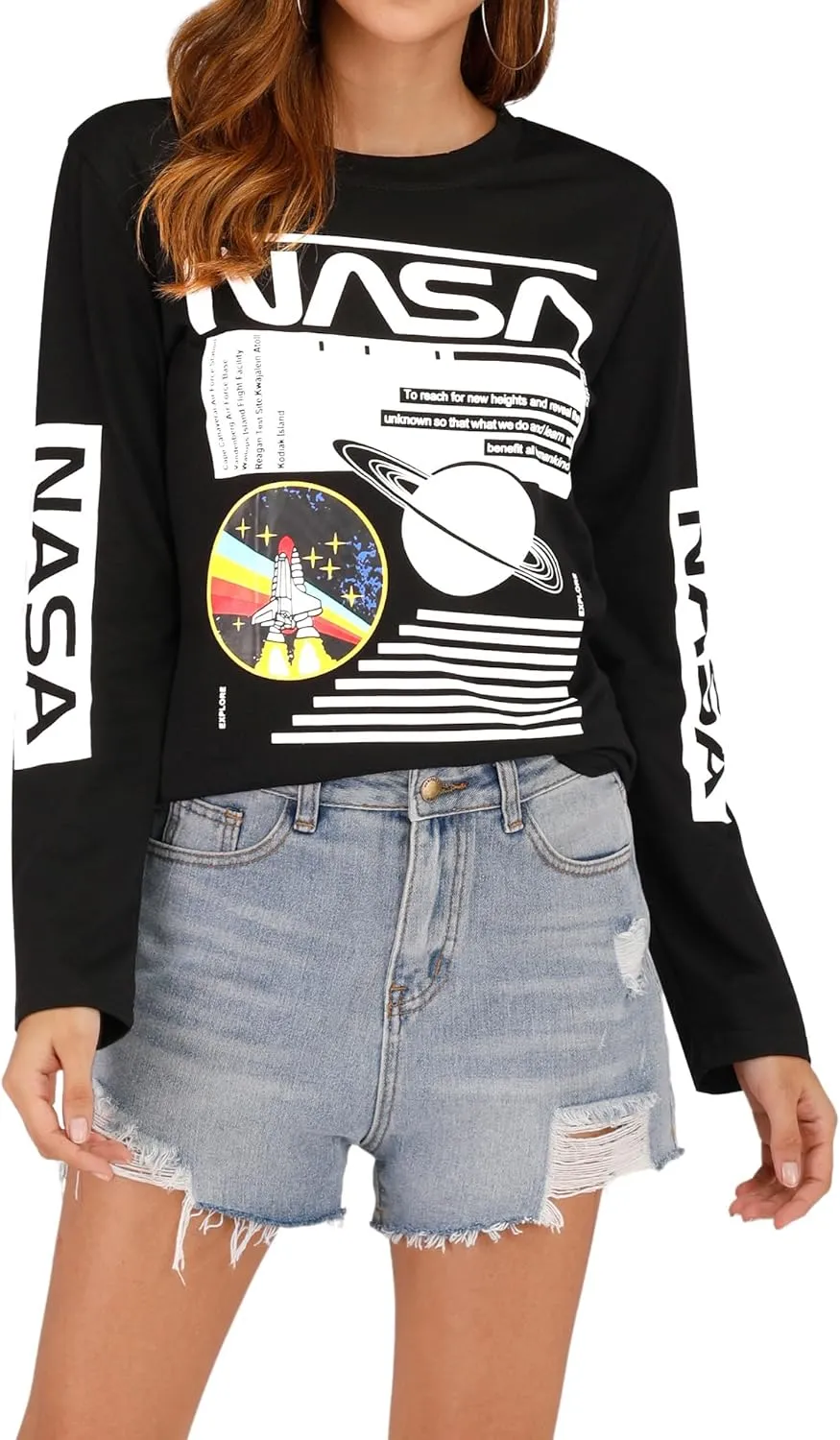 Ezcosplay Crew Neck Long Sleeve NASA T-Shirt Letter Printed Shirt Graphic Tee Tops for Women