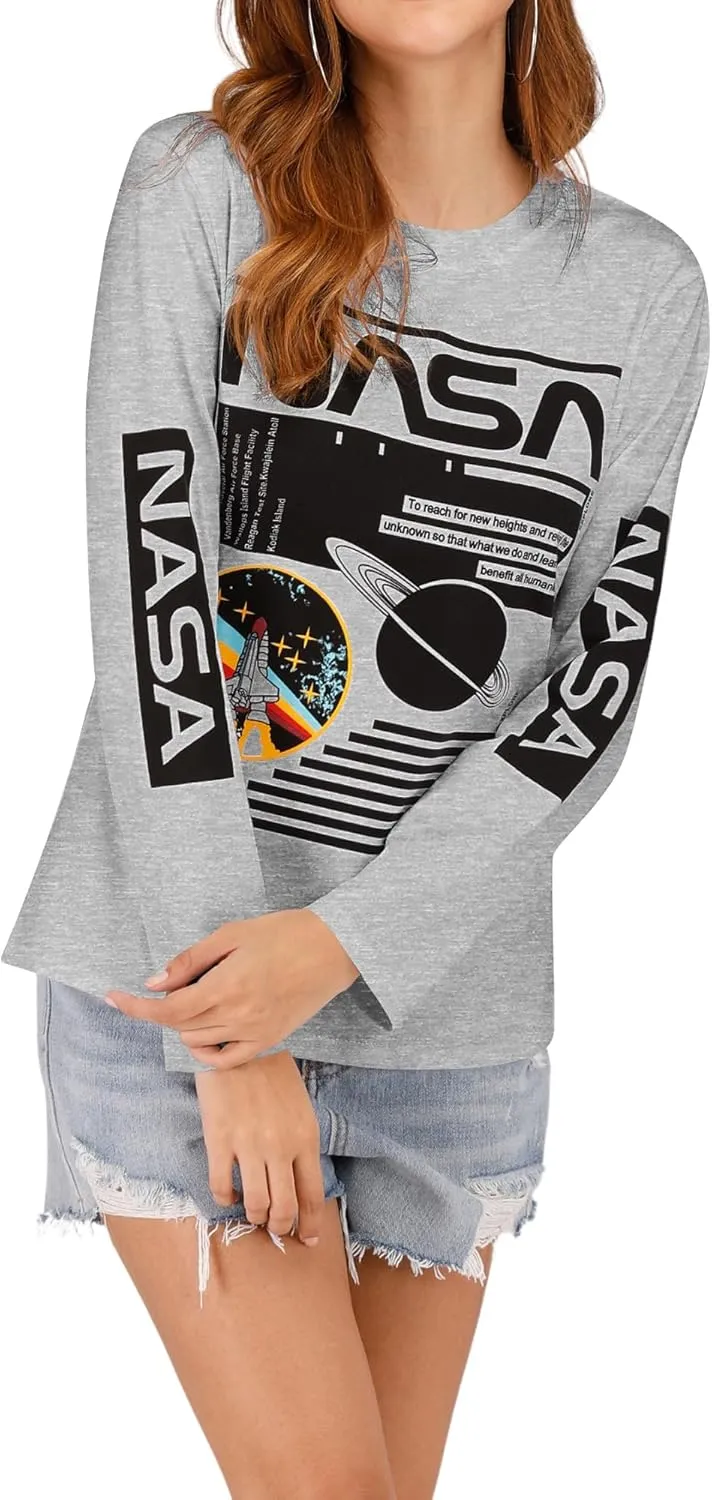 Ezcosplay Crew Neck Long Sleeve NASA T-Shirt Letter Printed Shirt Graphic Tee Tops for Women