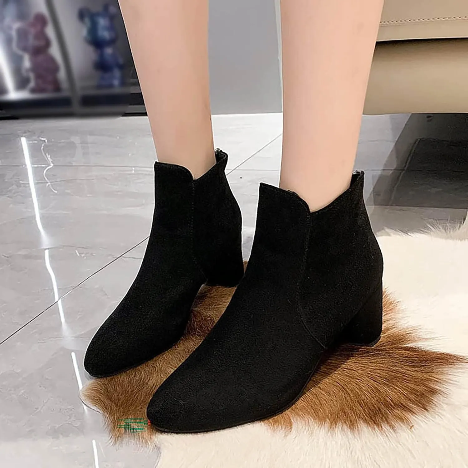 Fall Boots Women Ankle Flat Booties for Women Wide Calf Heeled Boots for Women Steel Toe Shoes for Women Comfy Soft Cover Heel Round Toe Suede Stacked Heel