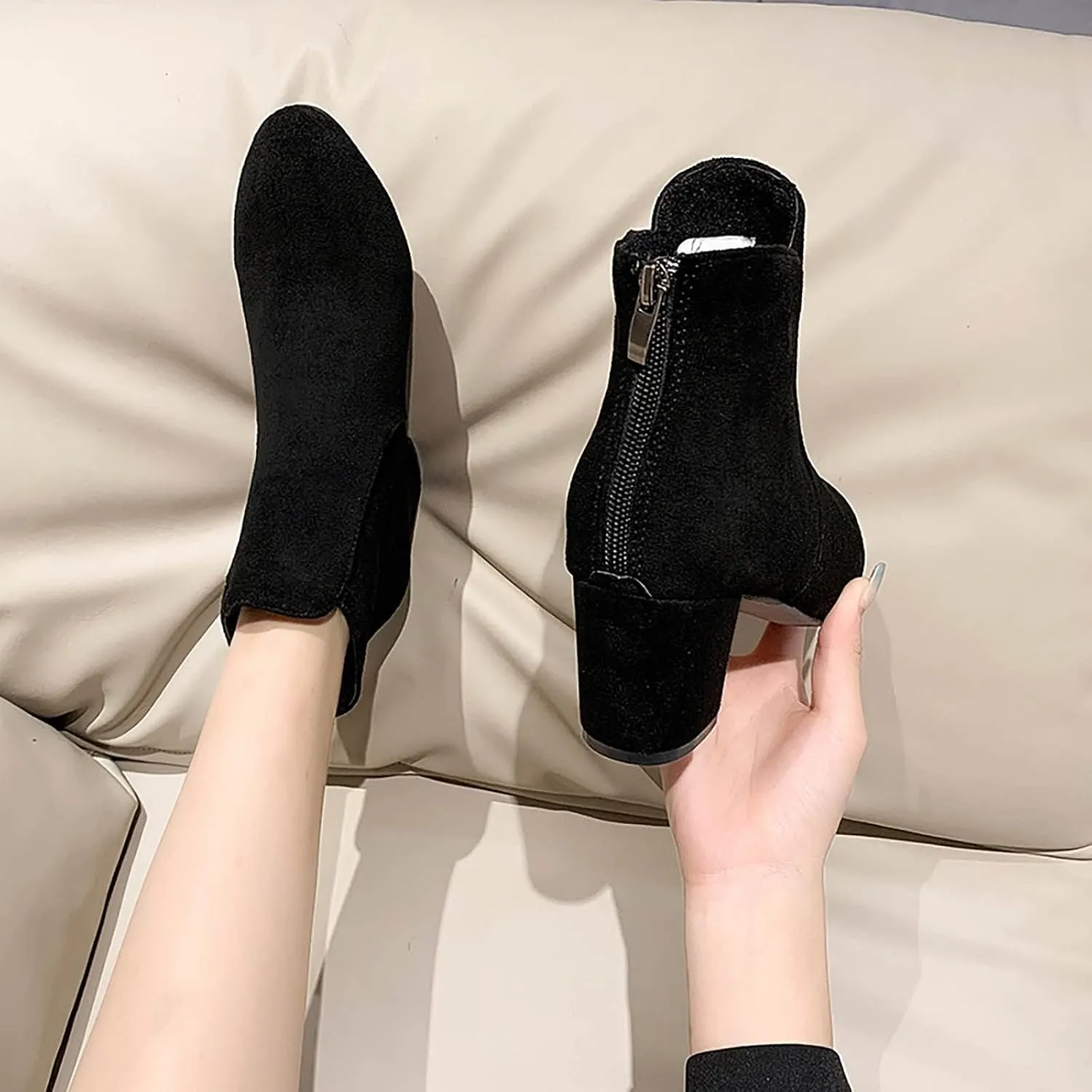Fall Boots Women Ankle Flat Booties for Women Wide Calf Heeled Boots for Women Steel Toe Shoes for Women Comfy Soft Cover Heel Round Toe Suede Stacked Heel