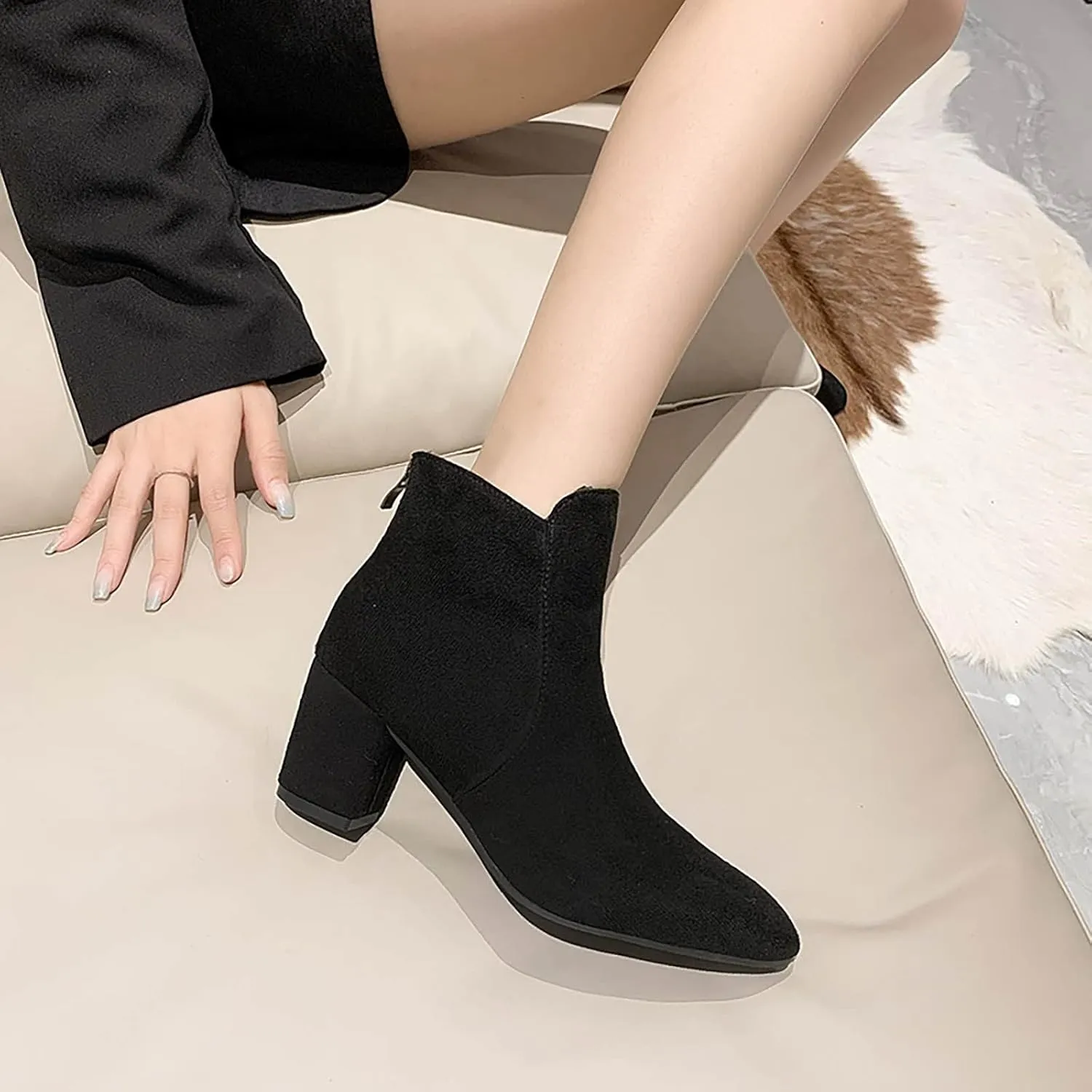 Fall Boots Women Ankle Flat Booties for Women Wide Calf Heeled Boots for Women Steel Toe Shoes for Women Comfy Soft Cover Heel Round Toe Suede Stacked Heel