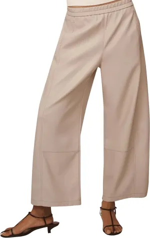 Faux Leather Pants for Women High Waist Wide Leg PU Leather Barrel Palazzo Trousers Pants with Pockets Beige L