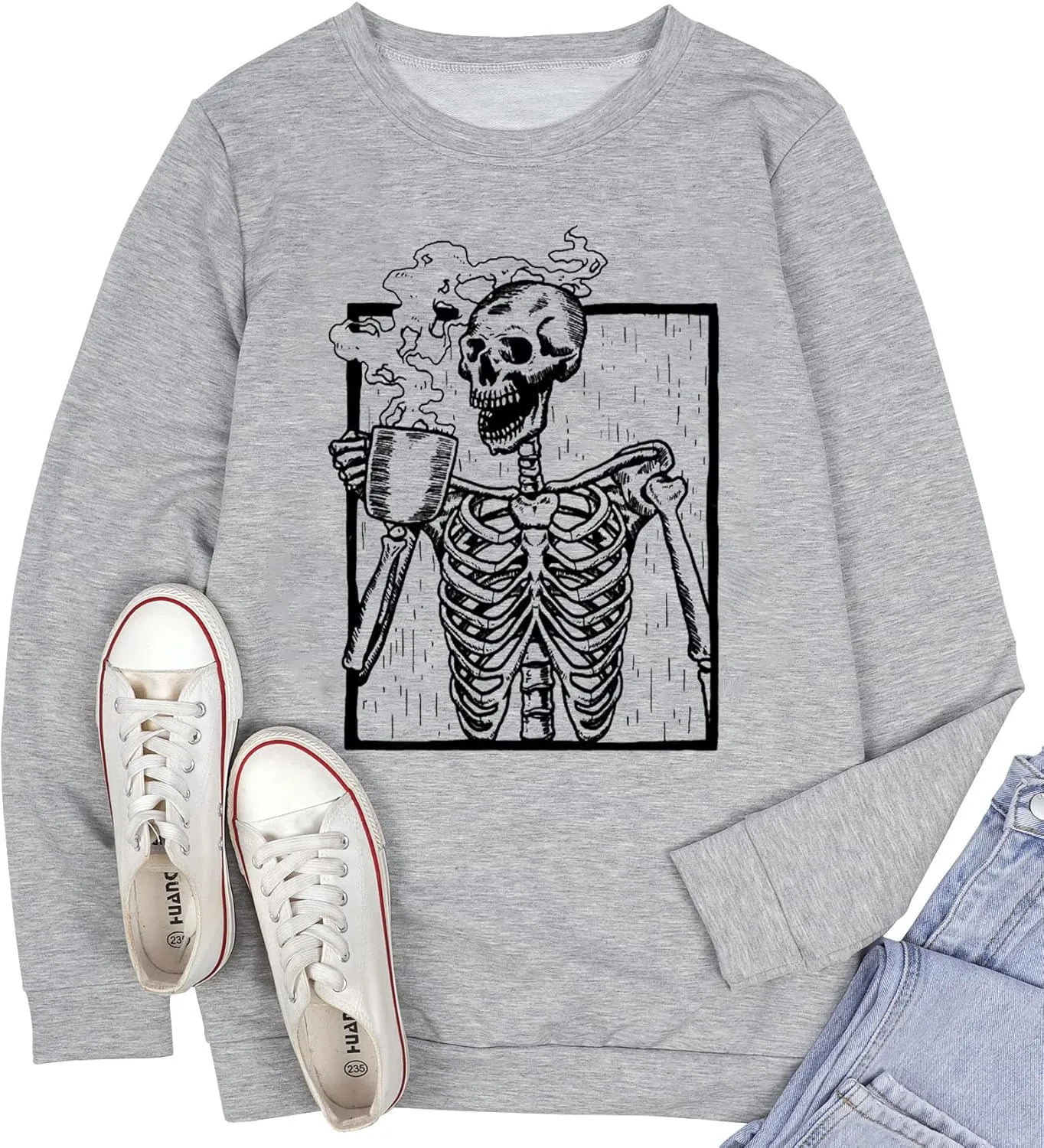 FCDIED Hot Coffee Skeleton Sweatshirt Women Halloween Horror Skull Graphic Tees Coffee Lovers Fall Pullover Tops Shirts