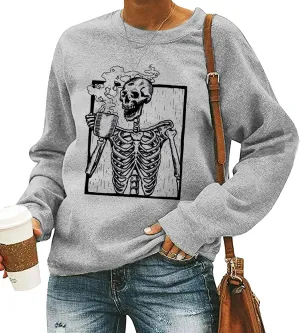 FCDIED Hot Coffee Skeleton Sweatshirt Women Halloween Horror Skull Graphic Tees Coffee Lovers Fall Pullover Tops Shirts