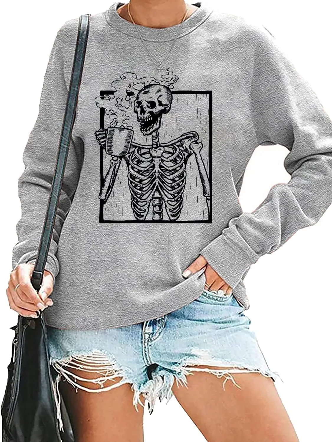 FCDIED Hot Coffee Skeleton Sweatshirt Women Halloween Horror Skull Graphic Tees Coffee Lovers Fall Pullover Tops Shirts