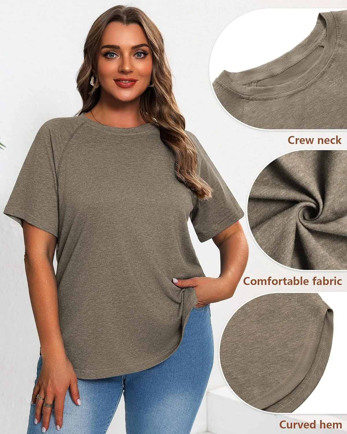 Ficerd 3 Pack Plus Size Tops for Women Casual Crewneck Raglan Sleeve Loose Tunic Tee Summer Basic Workout T Shirts XL-5XL