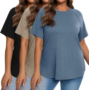 Ficerd 3 Pack Plus Size Tops for Women Casual Crewneck Raglan Sleeve Loose Tunic Tee Summer Basic Workout T Shirts XL-5XL