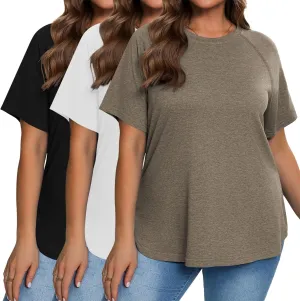 Ficerd 3 Pack Plus Size Tops for Women Casual Crewneck Raglan Sleeve Loose Tunic Tee Summer Basic Workout T Shirts XL-5XL