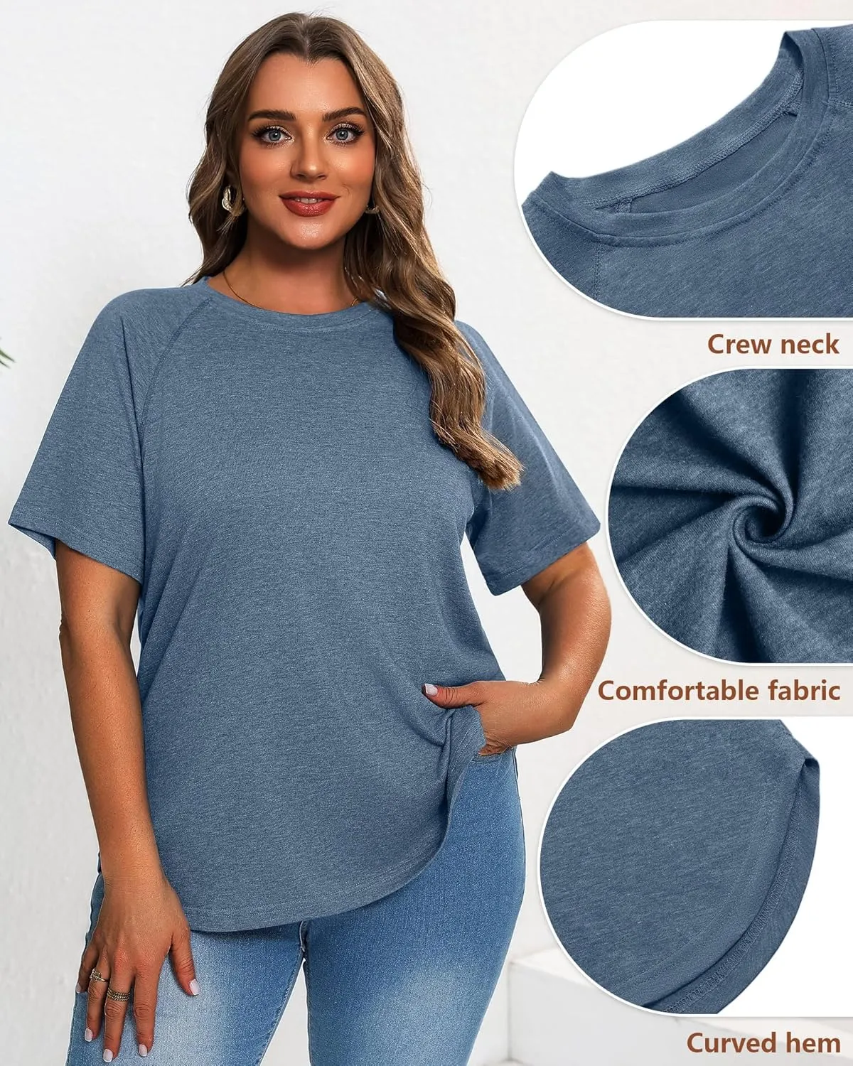 Ficerd 3 Pack Plus Size Tops for Women Casual Crewneck Raglan Sleeve Loose Tunic Tee Summer Basic Workout T Shirts XL-5XL