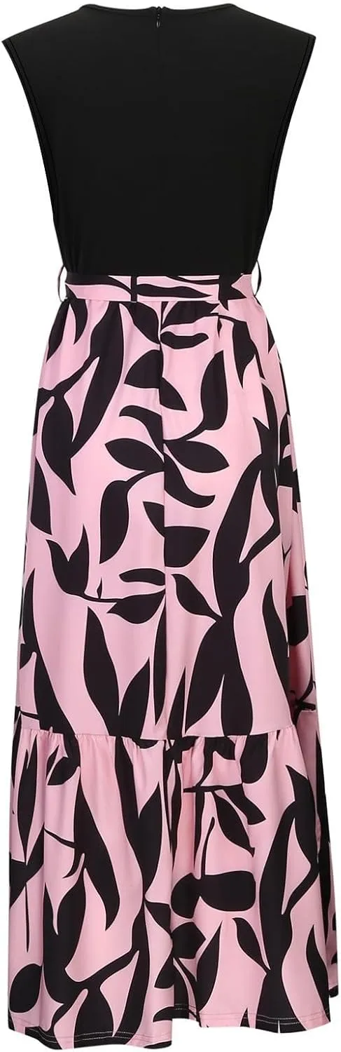 Finelylove Long Maxi Dresses for Women 2025 Boho Floral Tie Belted Patchwork Empire Waist Sleeveless Modest Flowy Dress