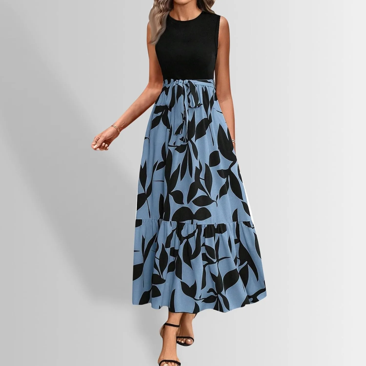 Finelylove Long Maxi Dresses for Women 2025 Boho Floral Tie Belted Patchwork Empire Waist Sleeveless Modest Flowy Dress