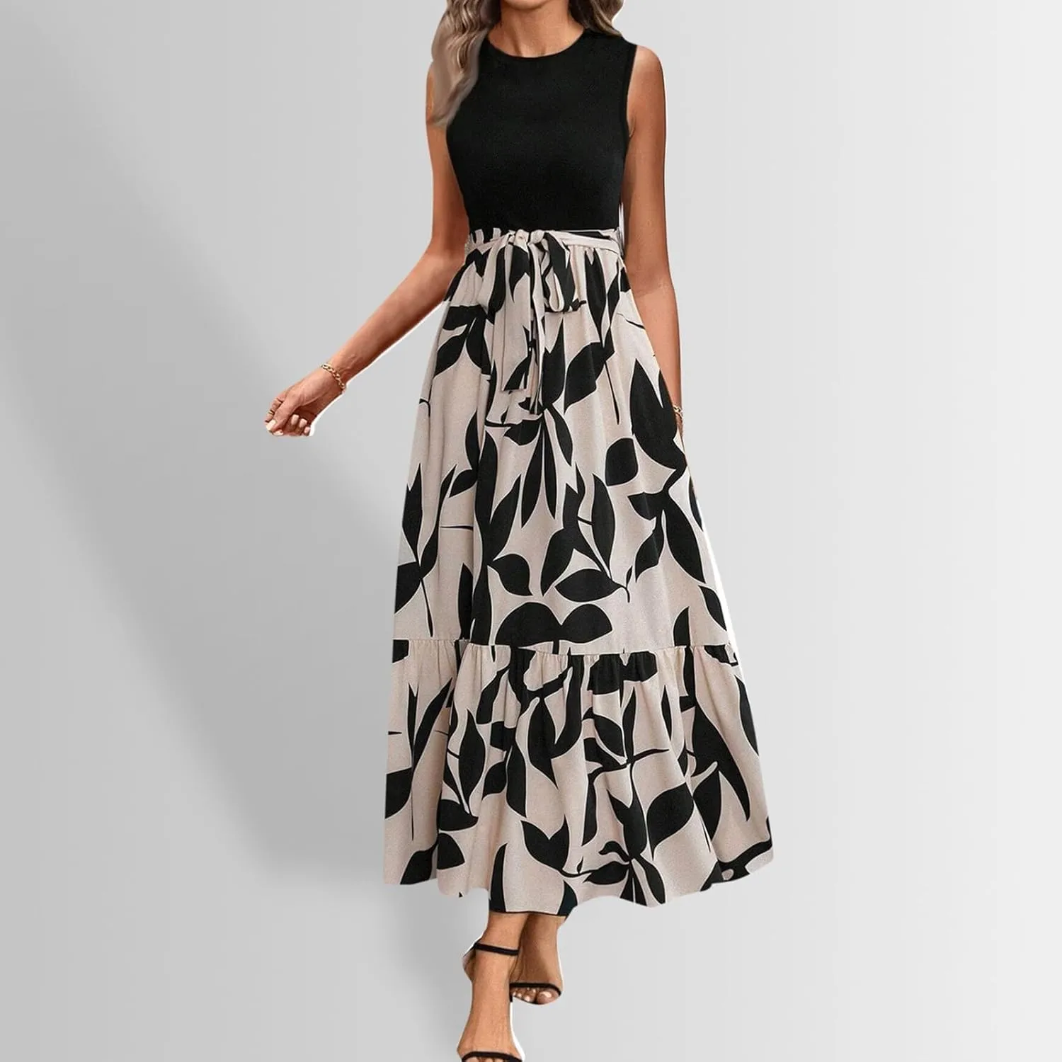 Finelylove Long Maxi Dresses for Women 2025 Boho Floral Tie Belted Patchwork Empire Waist Sleeveless Modest Flowy Dress