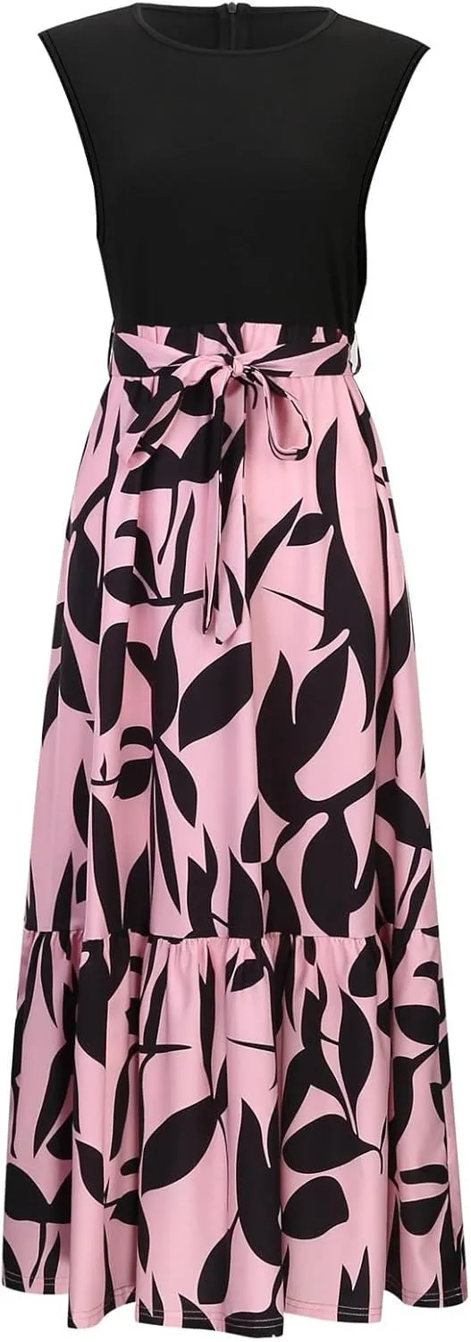 Finelylove Long Maxi Dresses for Women 2025 Boho Floral Tie Belted Patchwork Empire Waist Sleeveless Modest Flowy Dress