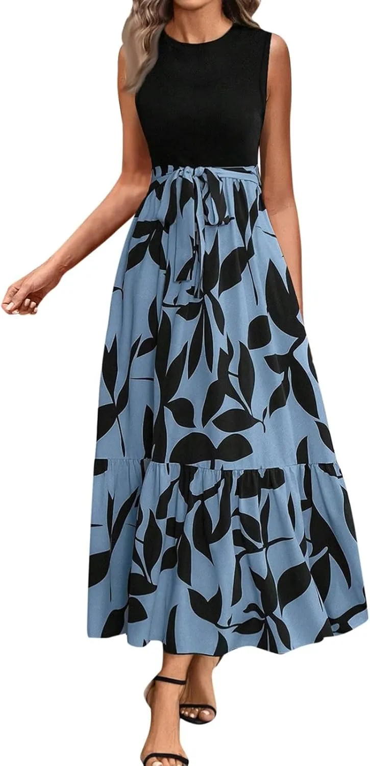 Finelylove Long Maxi Dresses for Women 2025 Boho Floral Tie Belted Patchwork Empire Waist Sleeveless Modest Flowy Dress
